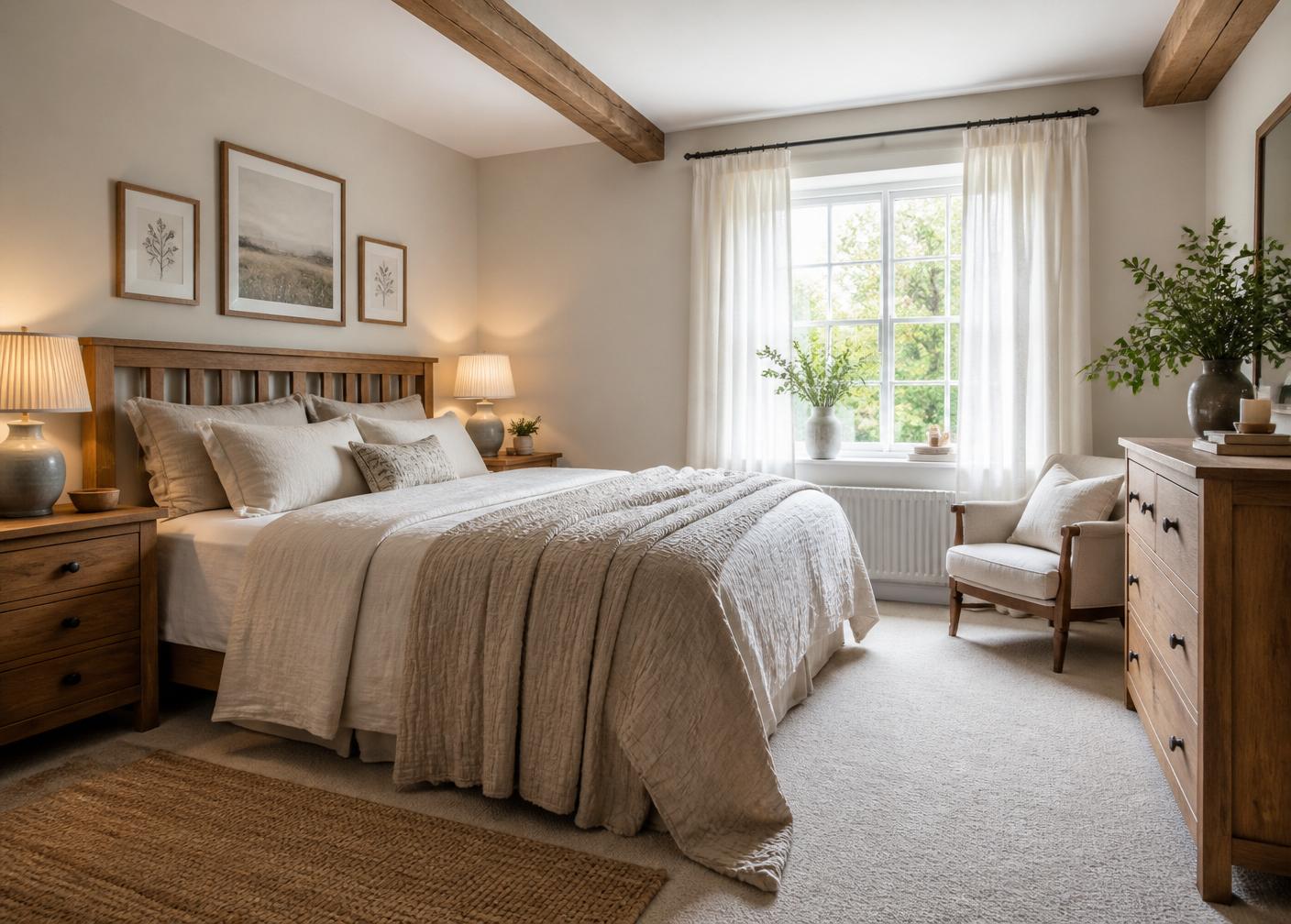 A warm bedroom with a clean carpet in soft natural light