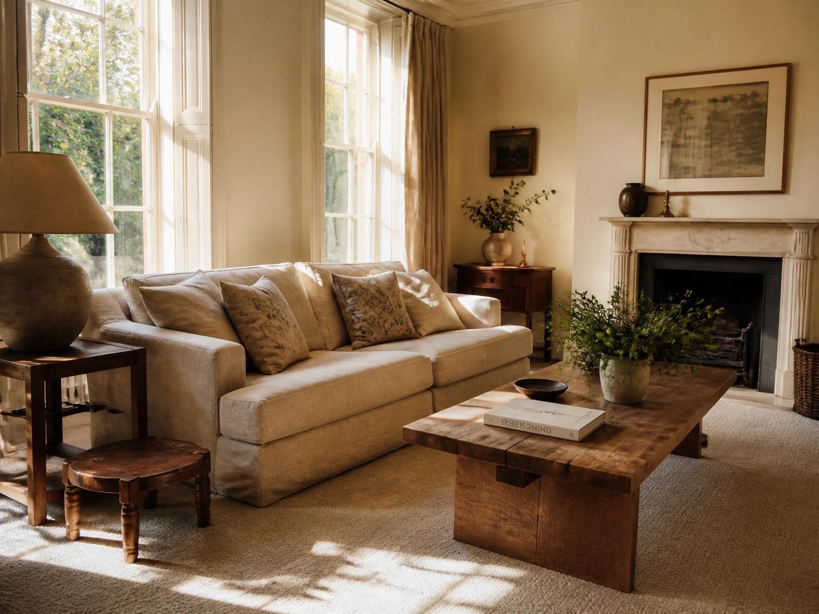 A warm, sunlit sitting room with a freshly cleaned carpet
